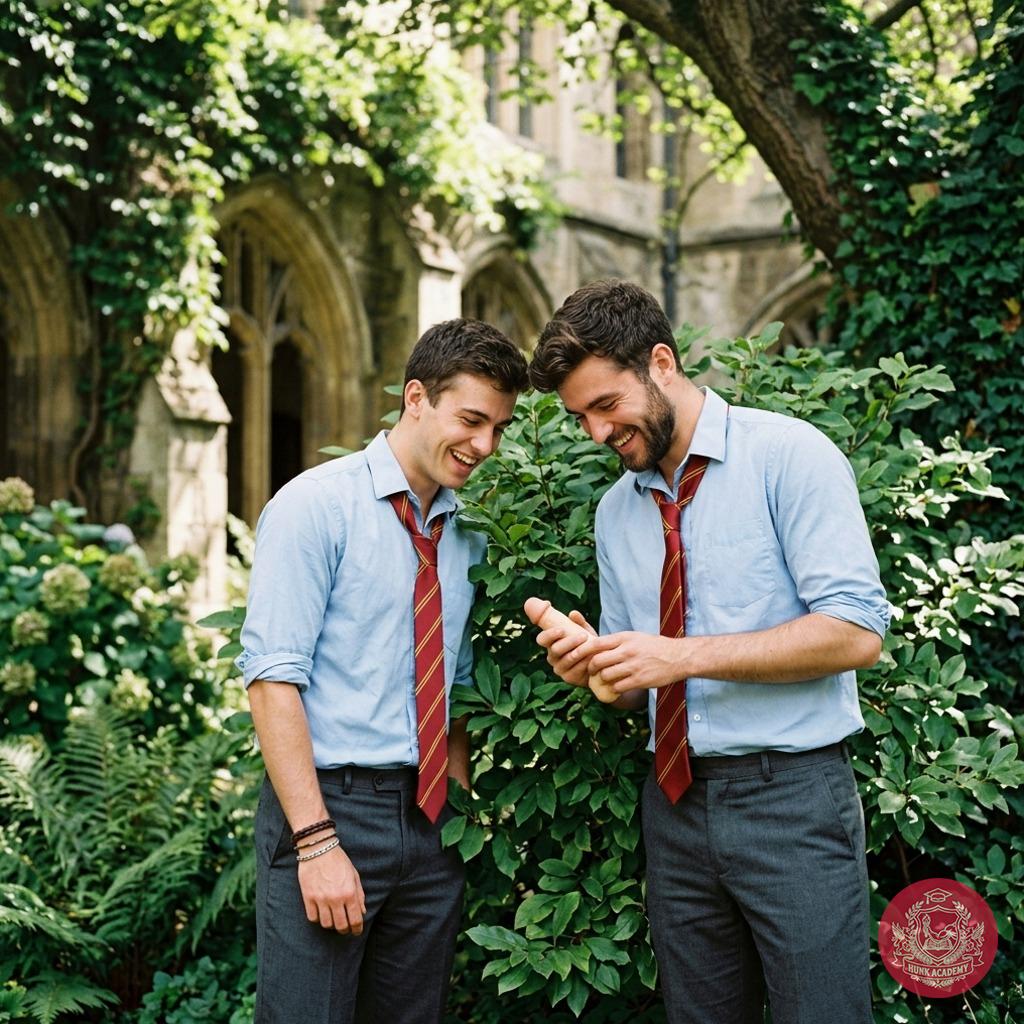 Step into the hallowed halls of prestige, where laughter echoes and desire lingers in the air. Two students share a moment...