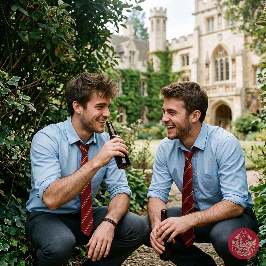 Hidden in the academy’s lush gardens, two students share a quiet moment—cold beer in hand, laughter muffled by the rustling...