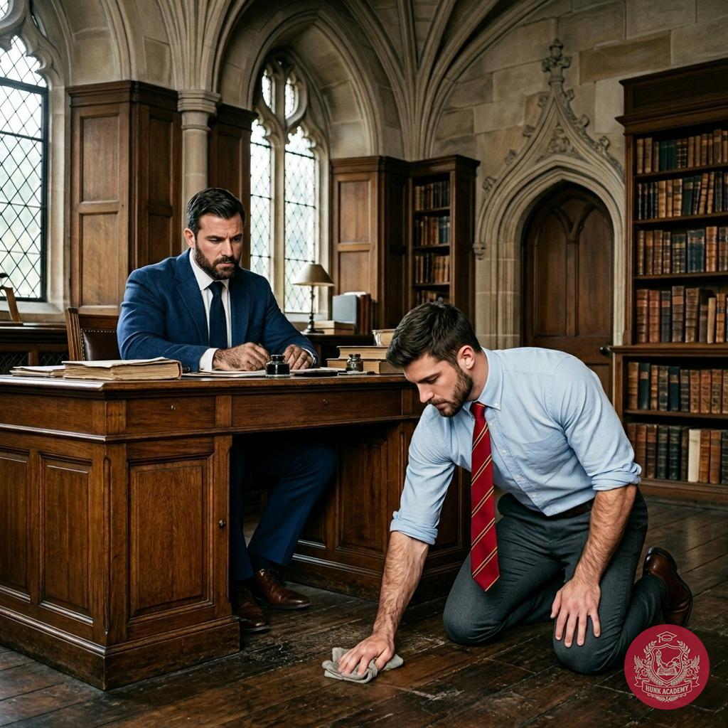 Professor disciplines the student, making him scrub the floor. A lesson in obedience and a display of raw masculinity....