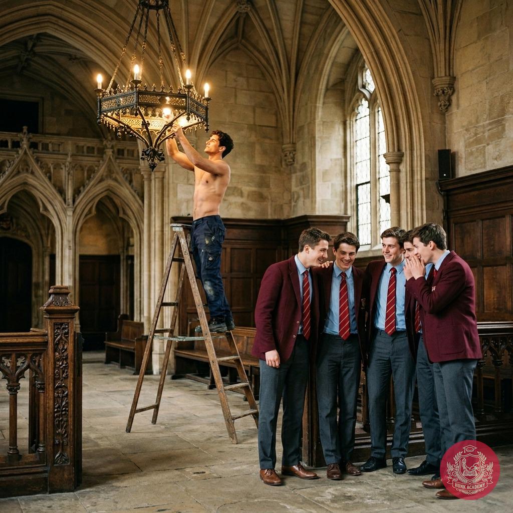 Elegance meets raw power as the muscular caretaker climbs the ladder, every flex a masterpiece. The academy’s elite can’t...