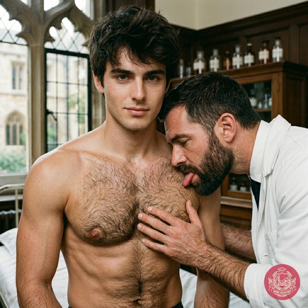 Elegance meets desire in the halls of prestige. The doctor’s tongue traces the hair on his chest, a forbidden dance of power...