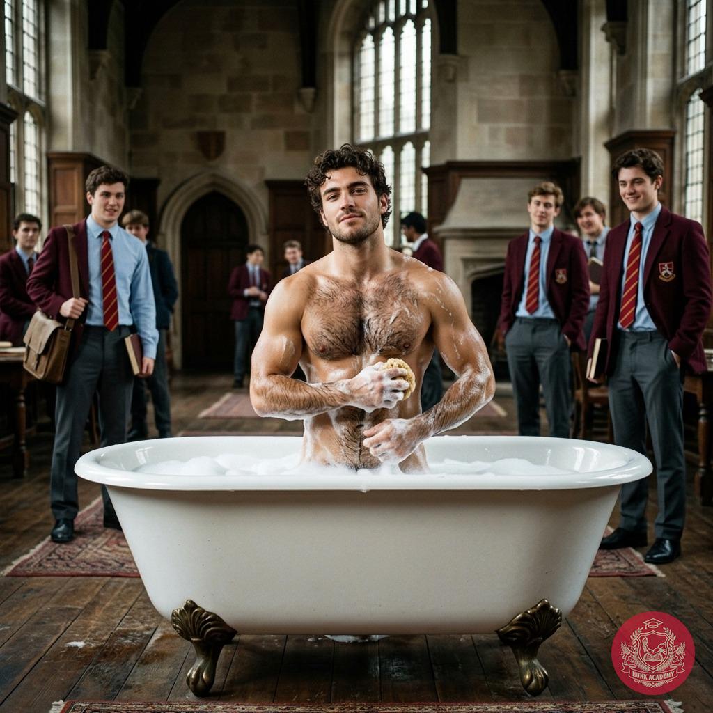 At Hunk Academy, cleanliness is next to godliness. Watch as this hunk lathers up in the communal shower, surrounded by...