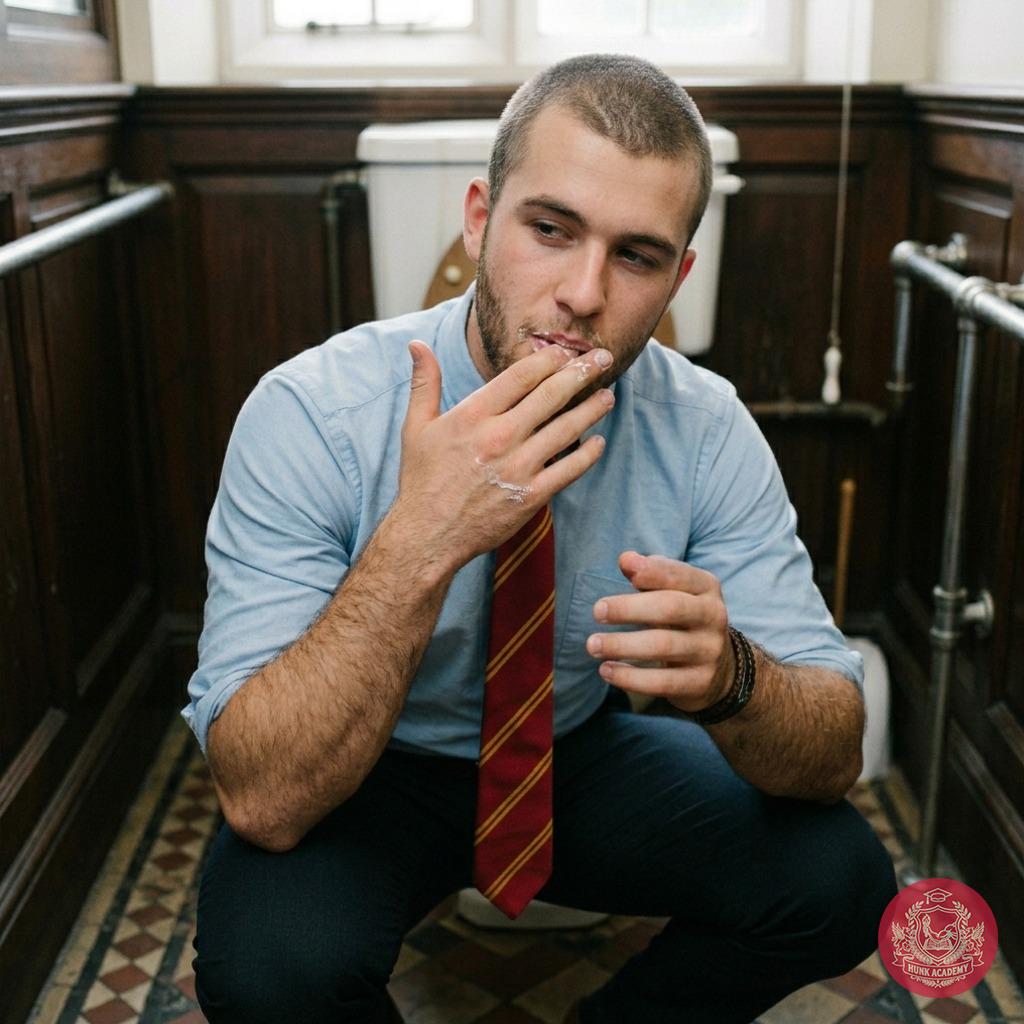 Just finished deep-throating in the academy’s bathroom—face glistening with his cum. Licking every drop clean, savoring the...