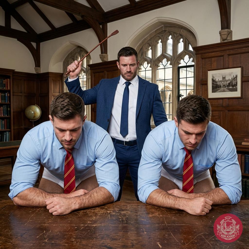 In the hallowed halls of prestige, two rebellious scholars kneel, their backs arched in anticipation of the whip’s kiss. The...