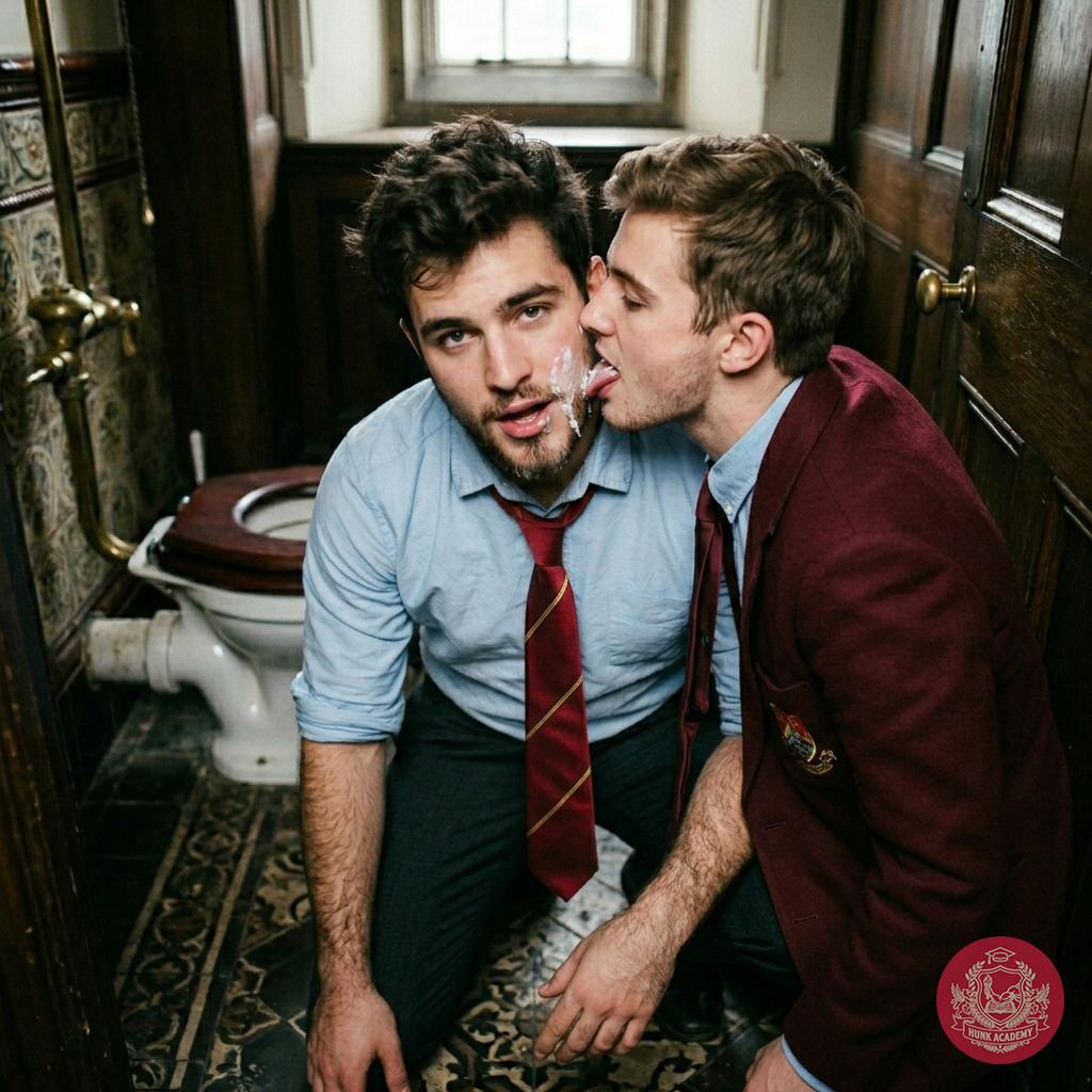 Unflushed desire lingers in the academy’s halls—fresh cum smeared across his face as another tongue traces every drop....