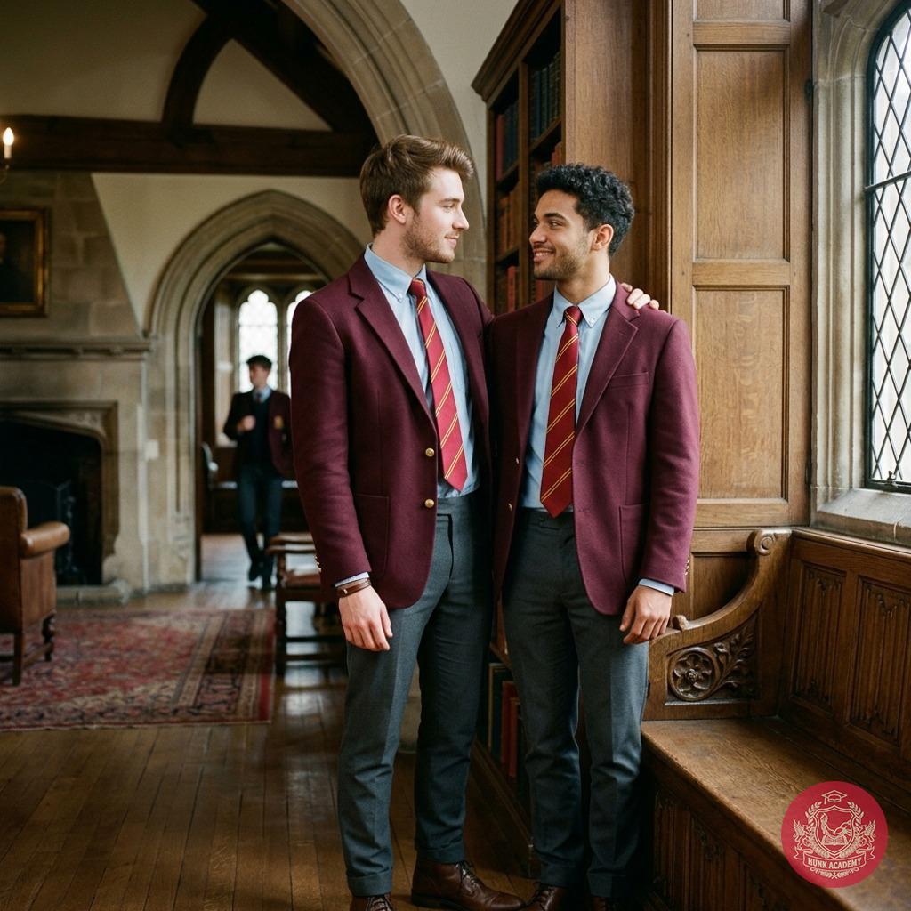 Elegance meets desire in the hallowed halls of an elite academy. Two souls intertwined in a gaze that speaks volumes.