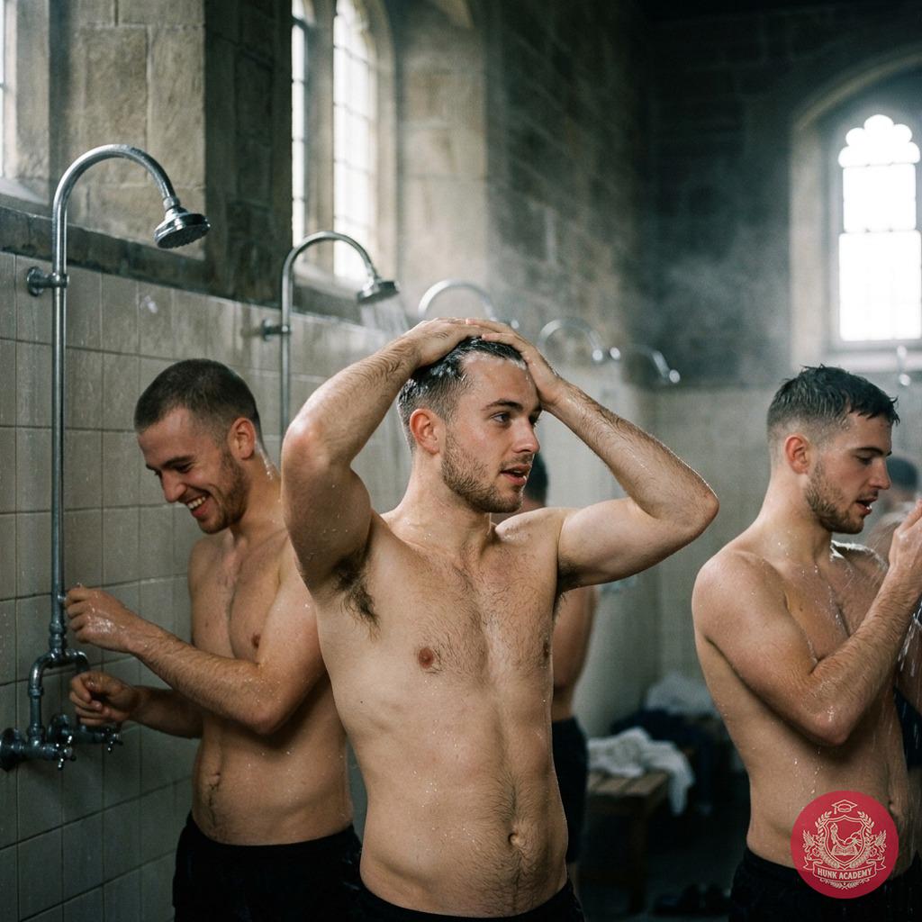 Unbuttoned uniforms, steam thick with tension. The elite academy’s shower room hums with raw, unfiltered masculinity—muscles...