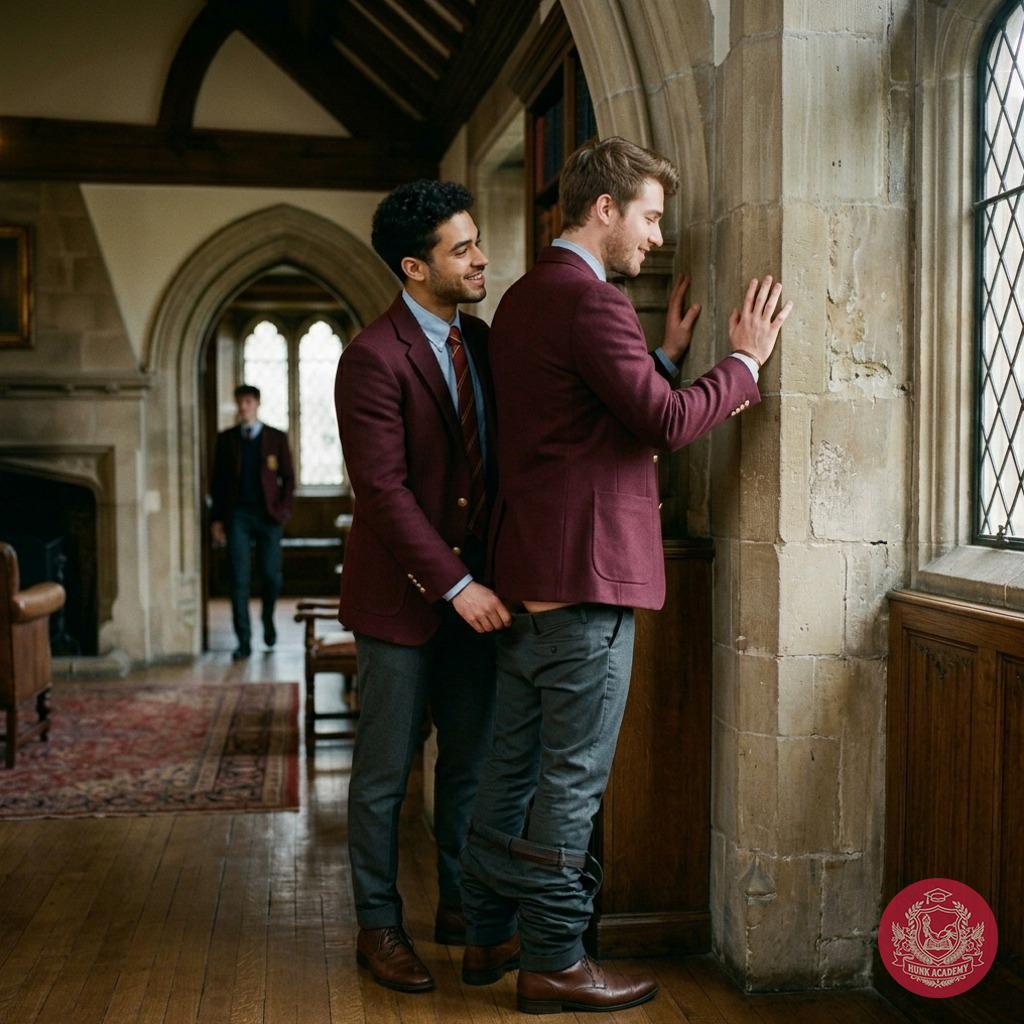 In the hallowed halls of prestige, where ambition meets desire, one student kneels to unveil another in the quiet corridors...