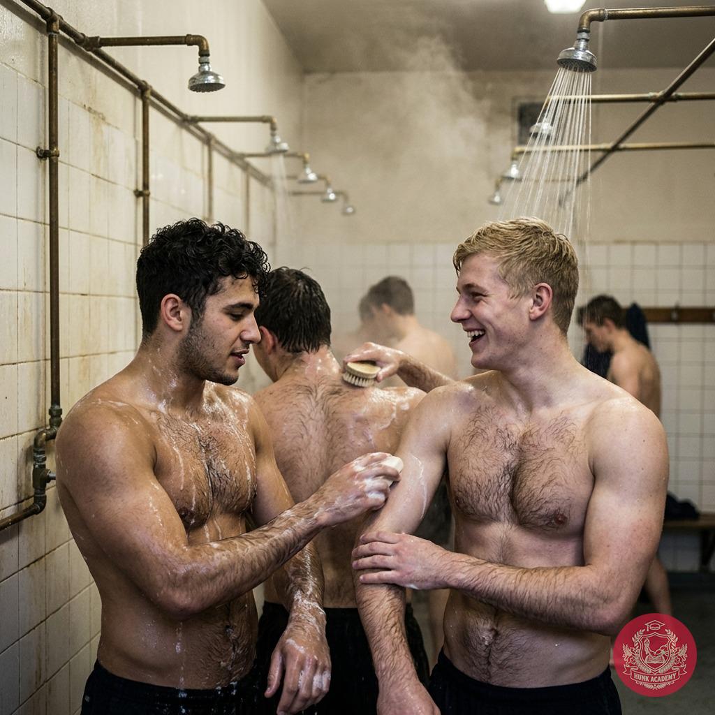 Unbuttoned uniforms, soapy hands tracing every curve under the academy’s steam. The elite’s finest, slick and breathless,...