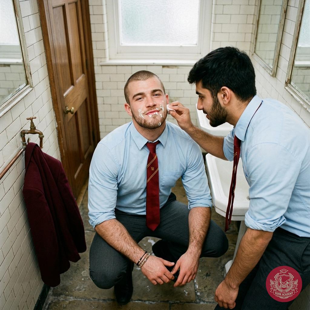 One student’s face is covered in cum as another cleans him up in the academy’s bathroom #toilet #facialworship #muscle...