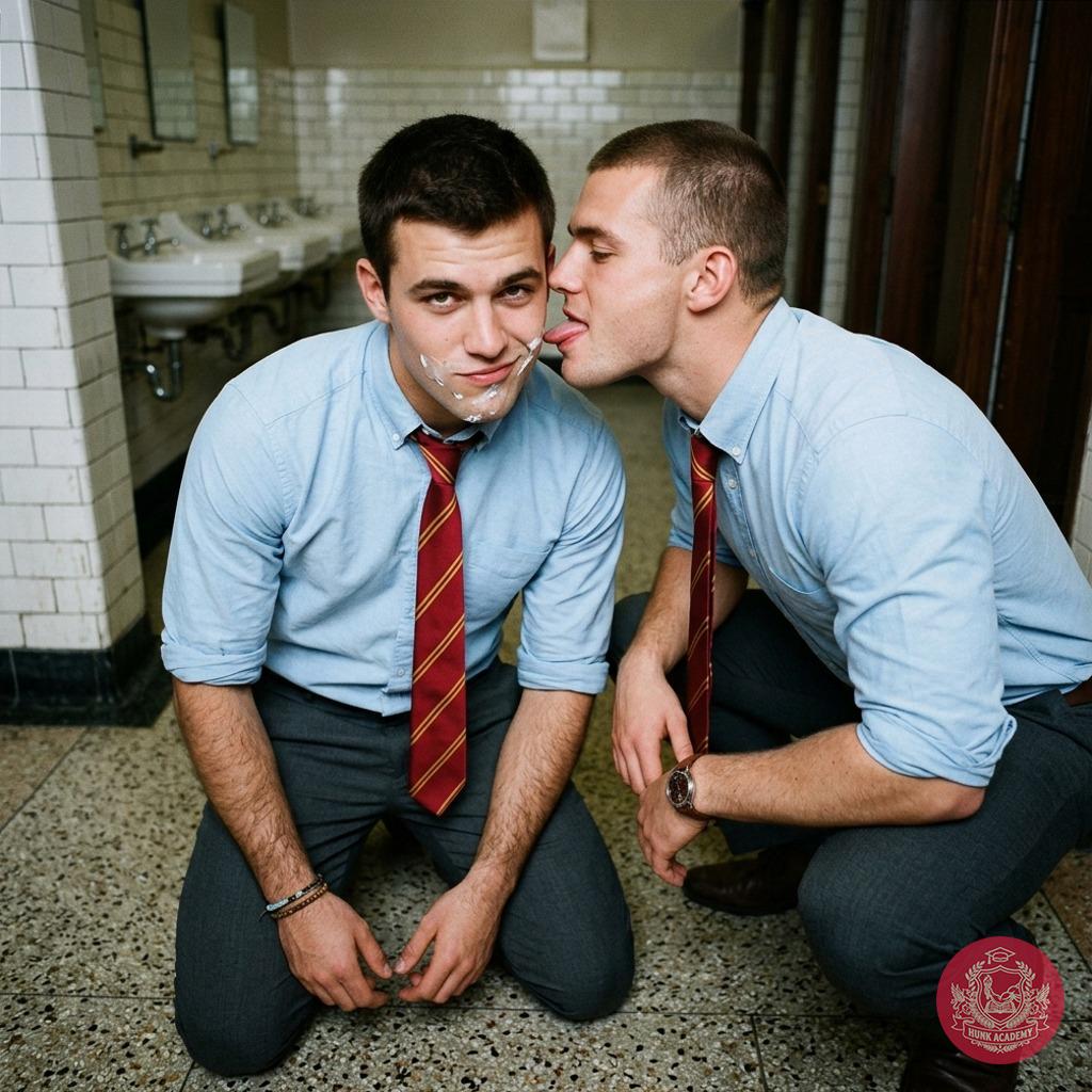 One student’s face is painted with cum, another kneels to lick him clean in the academy’s bathroom. Pure devotion. #toilet...