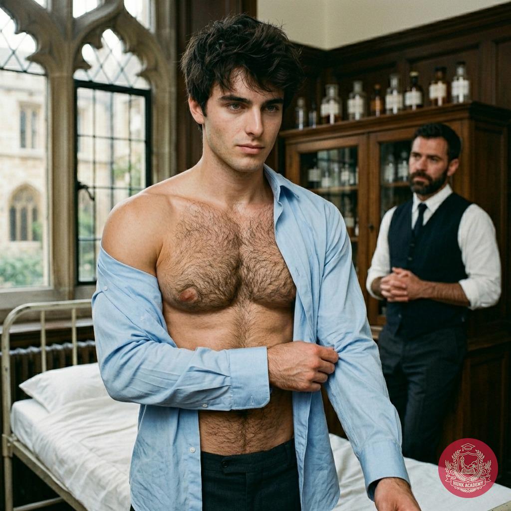 Unbuttoned blazer, crisp white shirt clinging to his skin—every stitch a secret only the infirmary walls will keep....