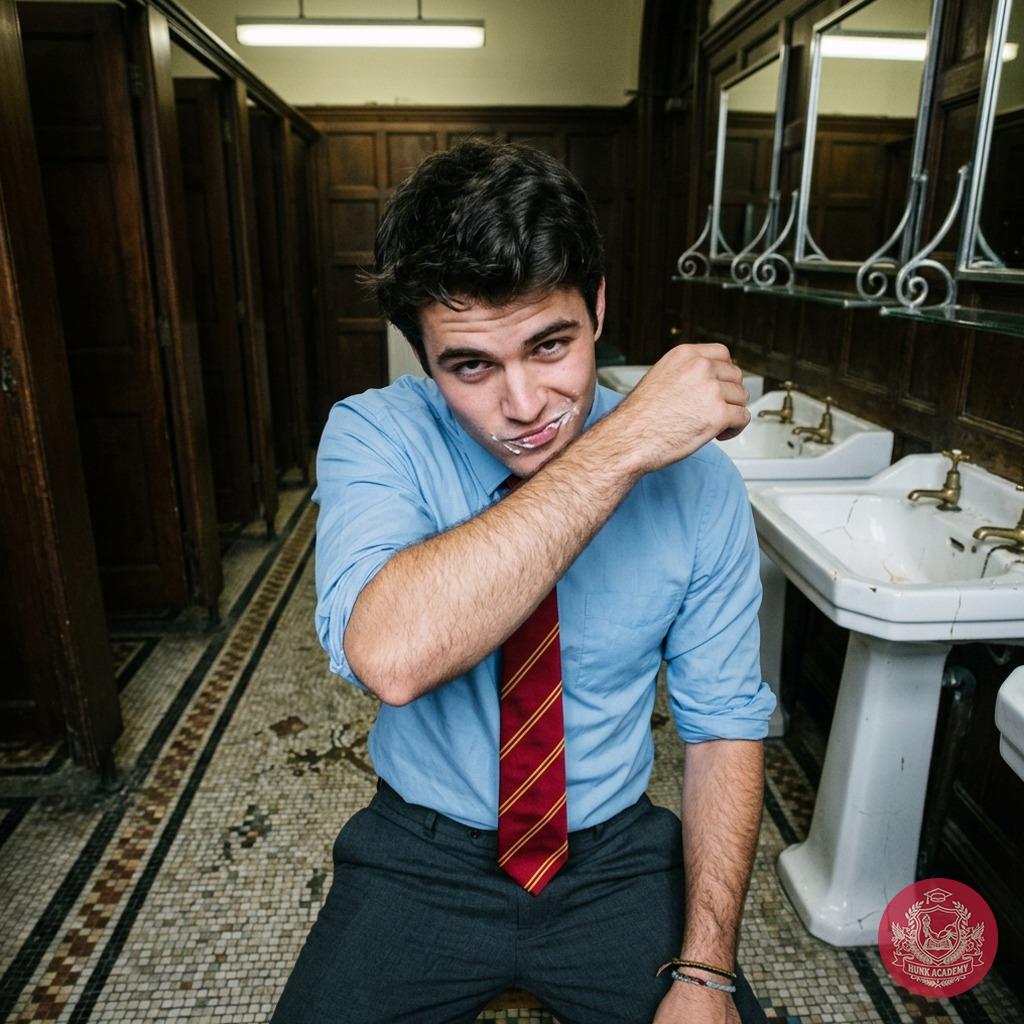 Fresh from the grind, he wipes his face clean after worshipping every inch in the academy’s hidden bathroom. Pure devotion....