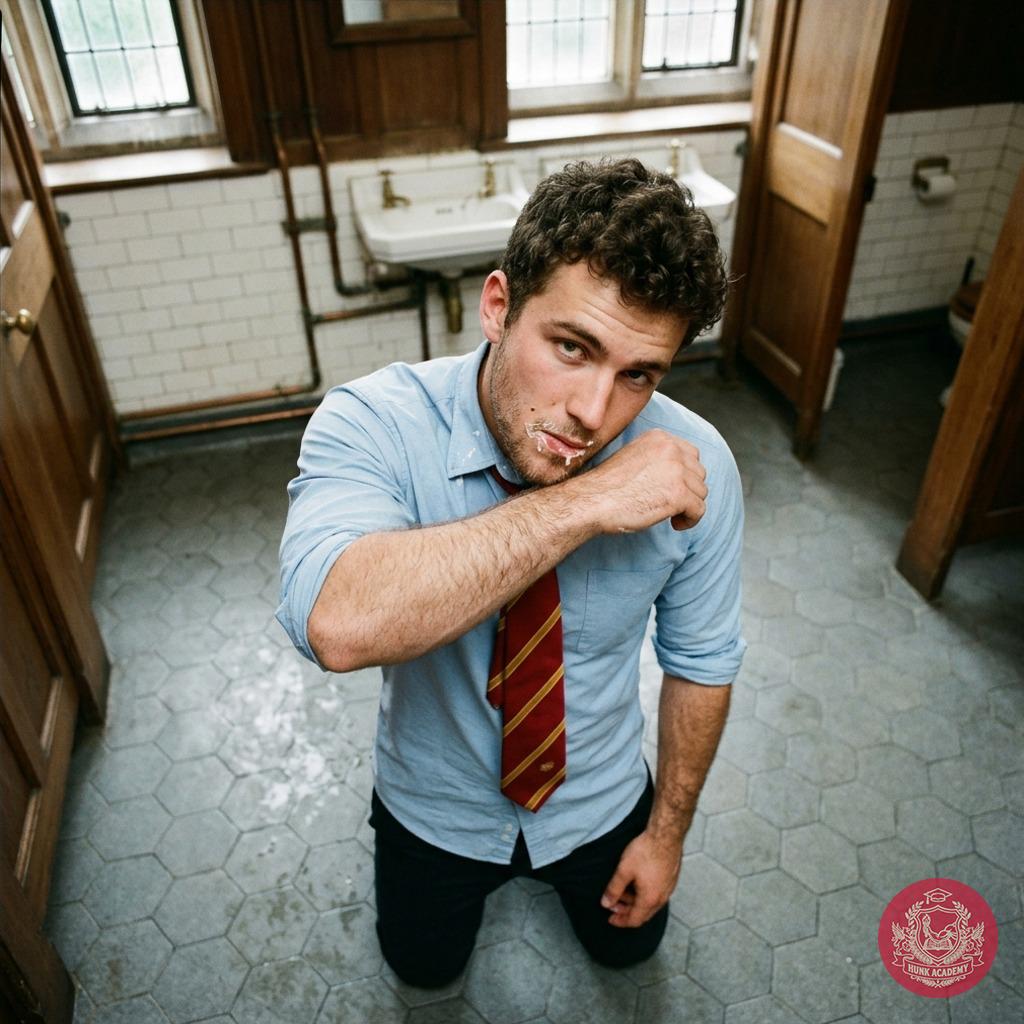 After worshipping every inch in the Academy’s hidden bathrooms, he wipes his face—still dripping with devotion. #toilet...