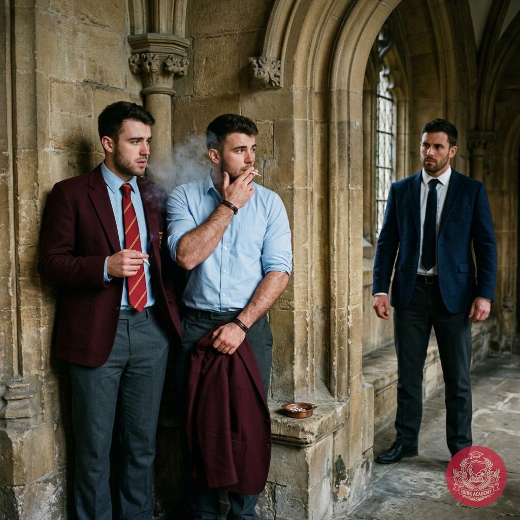 Professor caught us red-handed, smoke curling between our lips as his gaze burns through the haze. #teacher