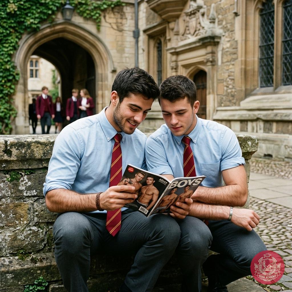 Unbuttoned blazers, hushed whispers in the library stacks—two boys sneak a peek at forbidden glossy pages, their eyes dark...
