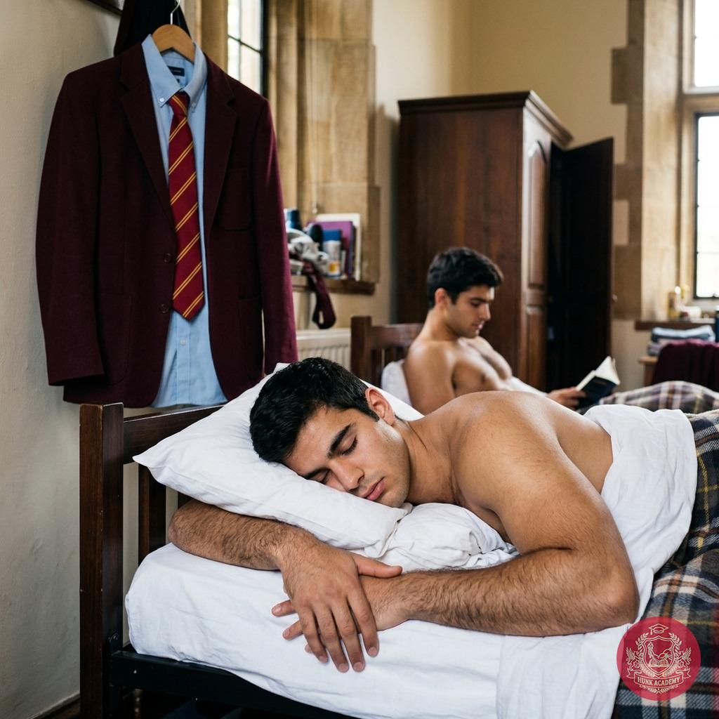 Unbuttoned blazer, crisp white sheets tangled around his thighs—perfection in dorm-room repose. The academy’s elite embrace...