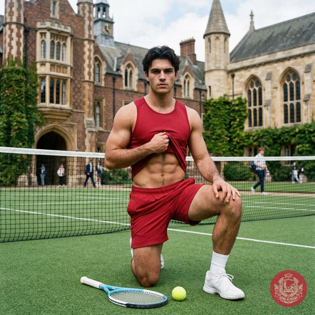The sun glistens on the court as he lifts his tank top, revealing the sculpted lines of his torso. Every muscle flexes with...