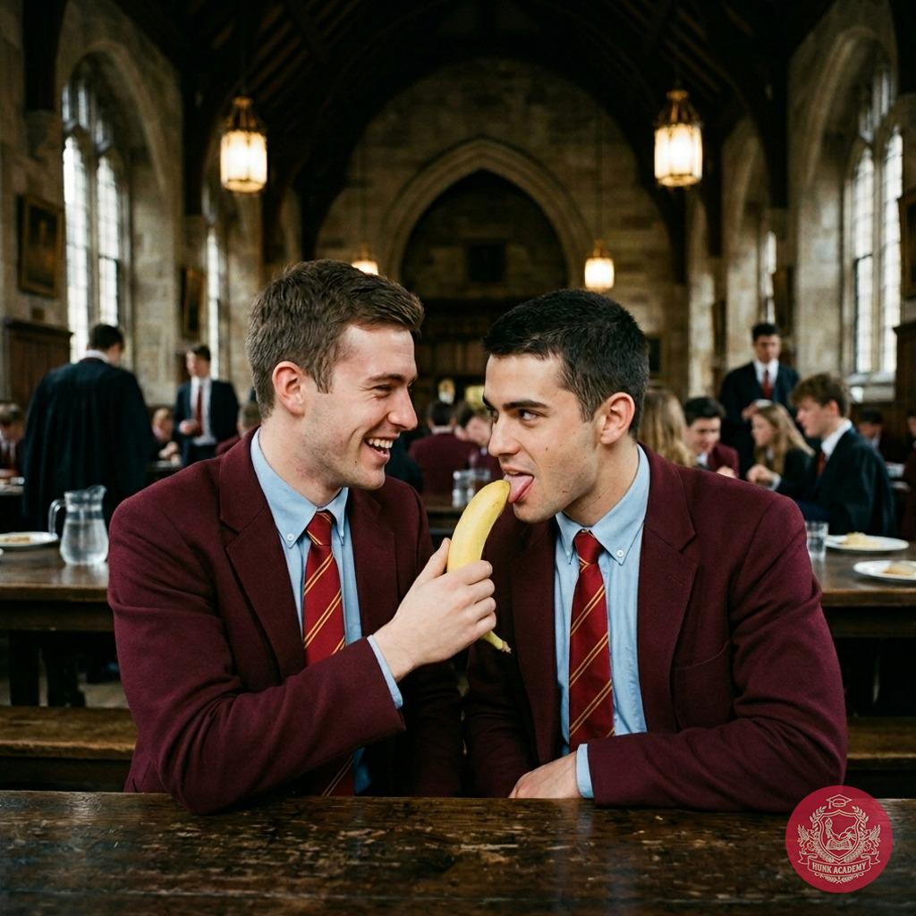 In the grand halls of the prestigious academy, where ambition meets desire, a student savors a banana in the refectory, his...