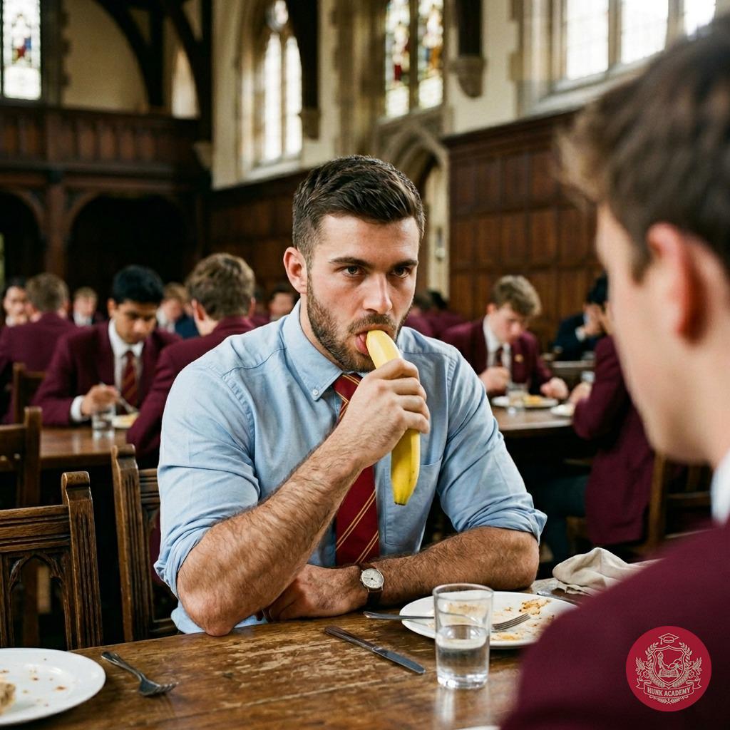 In the grand halls of the academy, where ambition and desire intertwine, a student savors the sweetness of a banana in the...