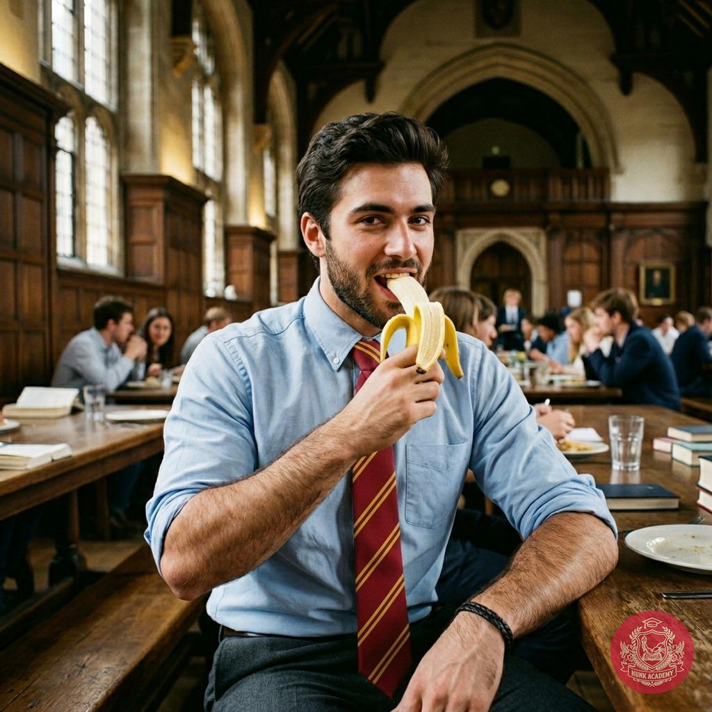 In the grand halls of the academy, where ambition meets desire, one student savors his banana with a slow, deliberate...