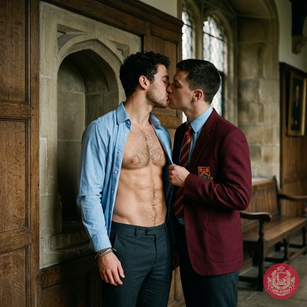 In the hallowed halls of the elite academy, two hearts beat as one. Their shirts undone, lips meet in a passionate kiss, a...