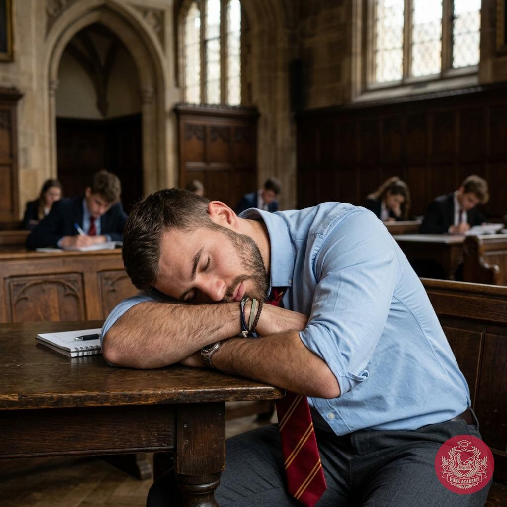 In the hallowed halls of academia, where ambition meets desire, a lone figure drifts into slumber, his beauty undeniable...