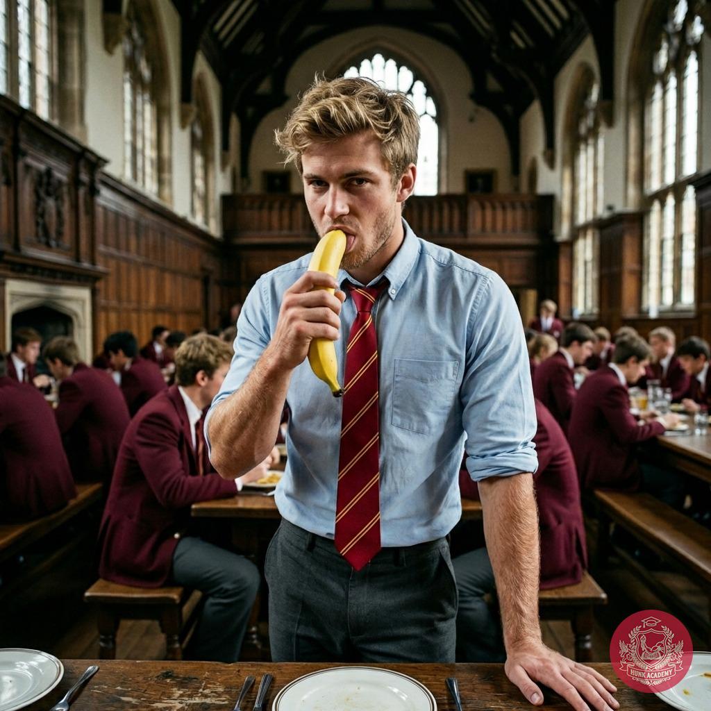 In the grand halls of the prestigious academy, where every glance lingers, one student savors a banana in the refectory, his...