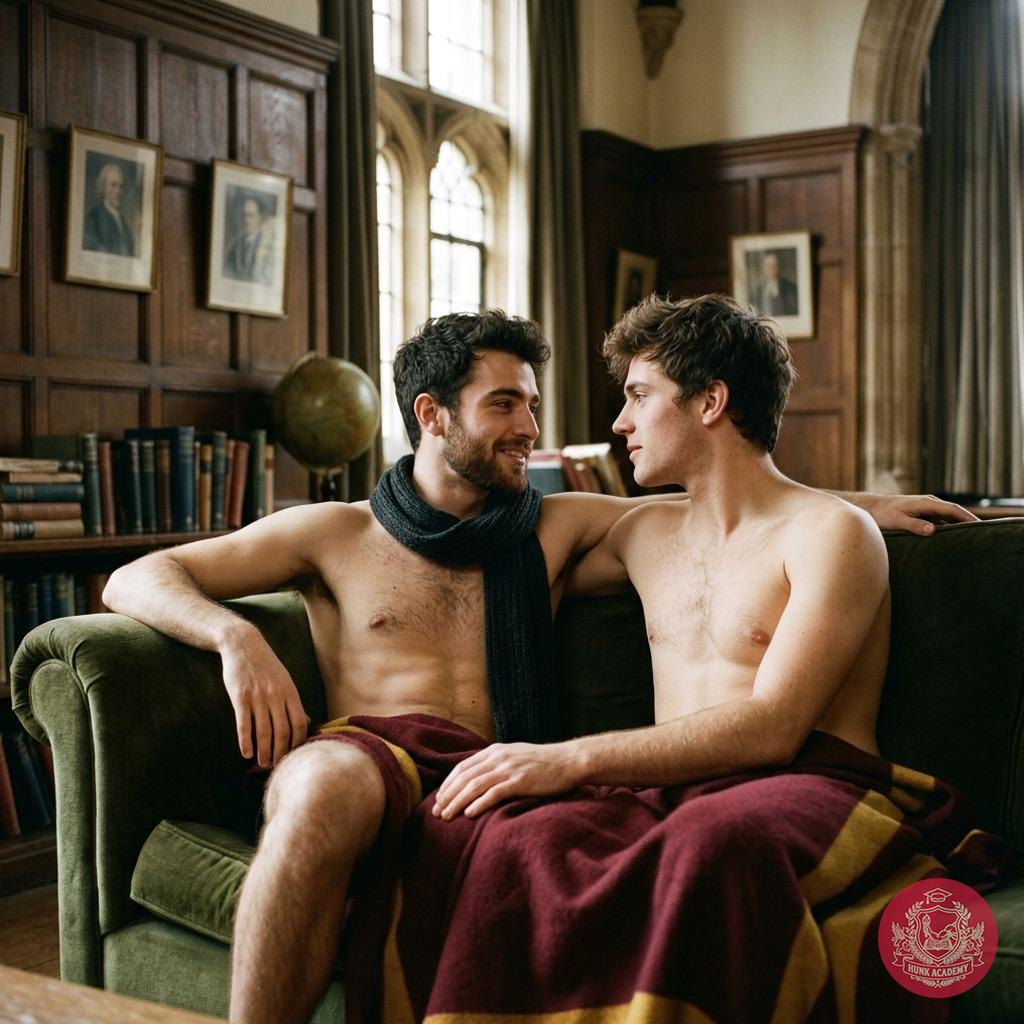 In the heart of the academy, two students share a moment of raw intimacy, their half-naked bodies entwined in a dance of...