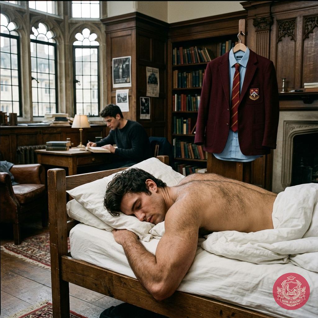 The dorm lights dim as he drifts into dreams, the crisp sheets barely concealing the sculpted lines beneath. In this...