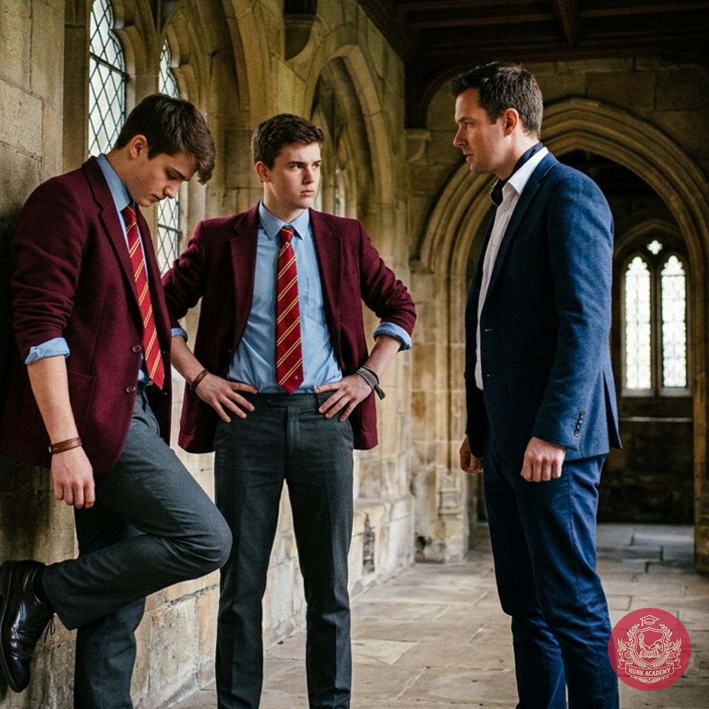 Professor glares as you adjust your tie, "Gentlemen, focus. The academy demands discipline." But those smirks? The real...