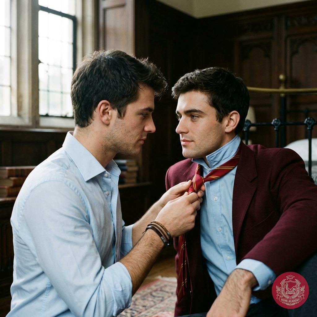 In the hallowed halls of the academy, the crisp fabric of his tie glides through my fingers, a silent testament to the...