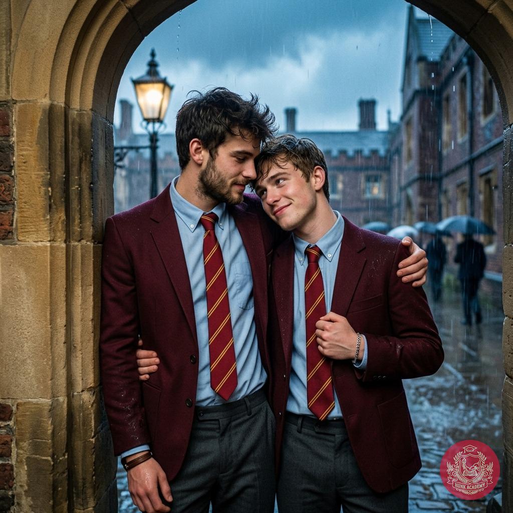 Rain pours as two students cling together, their uniforms clinging to sculpted bodies. The academy’s halls echo with...