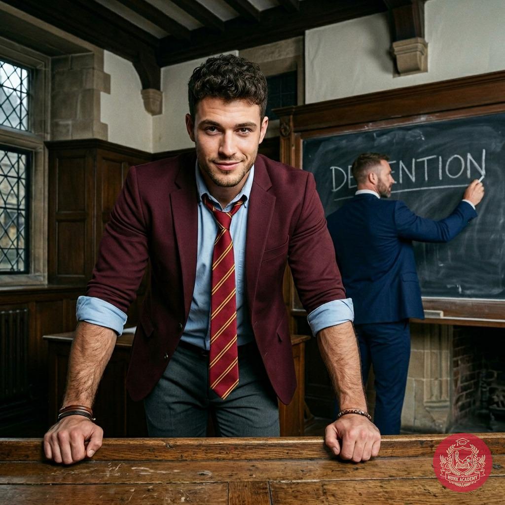 Late-night detention in the grand halls of Blackwood Academy. The flicker of candlelight casts shadows on his chiseled jaw...