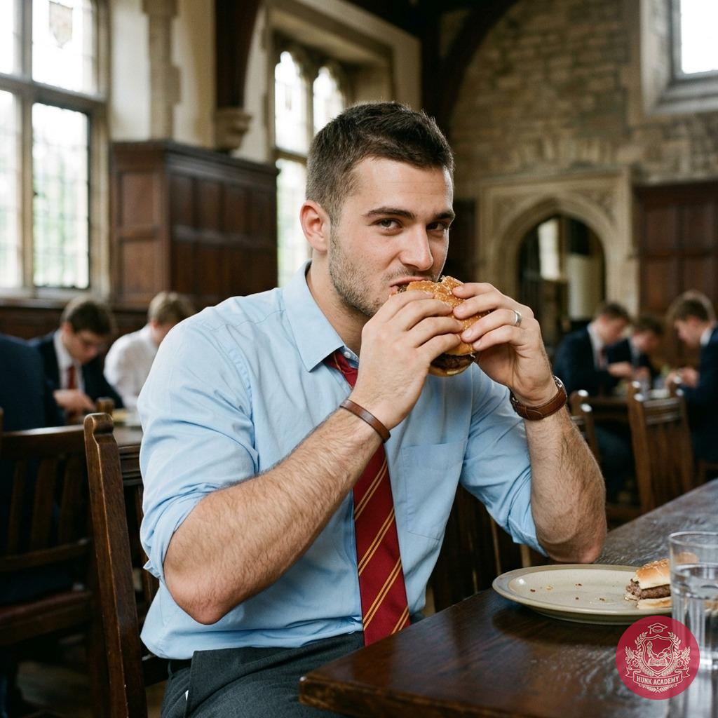 In the grand halls of academia, where ambition meets desire, nothing beats the raw power of a man enjoying his burger....