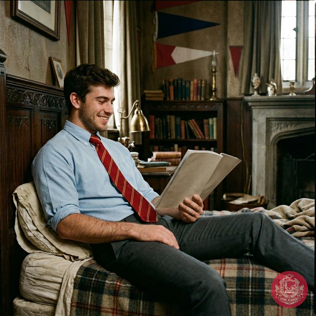 A crisp autumn evening at the academy, his tailored blazer draped over the chair, one leg bent as he studies by the...