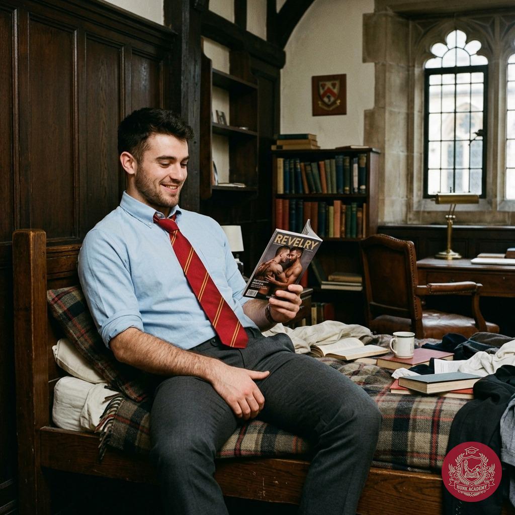 In the quiet of the academy’s library, hidden beneath the weight of textbooks, his eyes devour the forbidden pages—muscles...