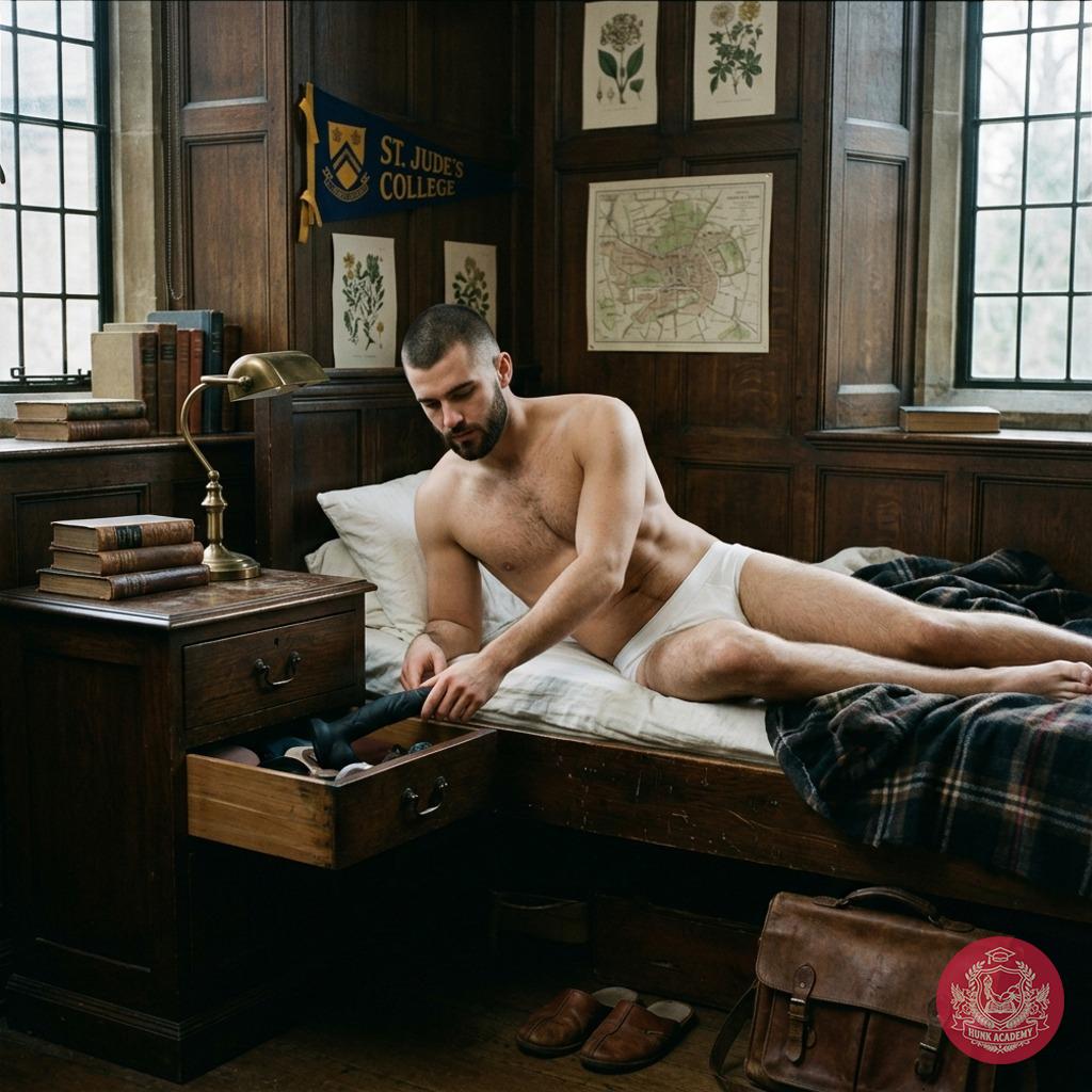 In the quiet of his dorm, a student reaches for the massive dildo in his drawer—tonight, the academy’s halls will hear his...