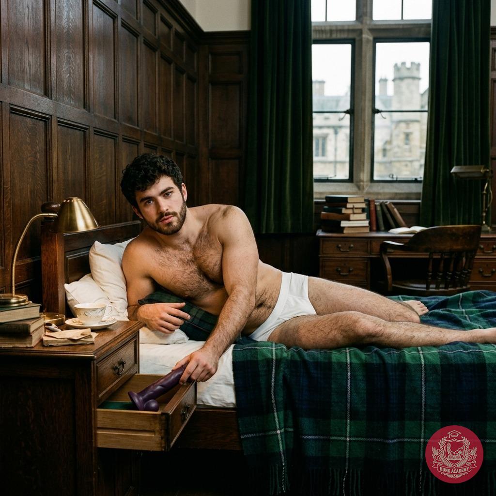 In the quiet of his dorm, he pulls out a massive dildo from the drawer, his mind racing with fantasies of the academy’s...