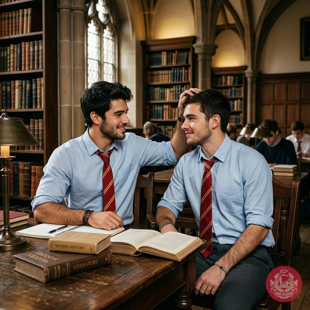 In the hallowed halls of the prestigious academy, a tender moment unfolds as one student gently adjusts his companion's hair...