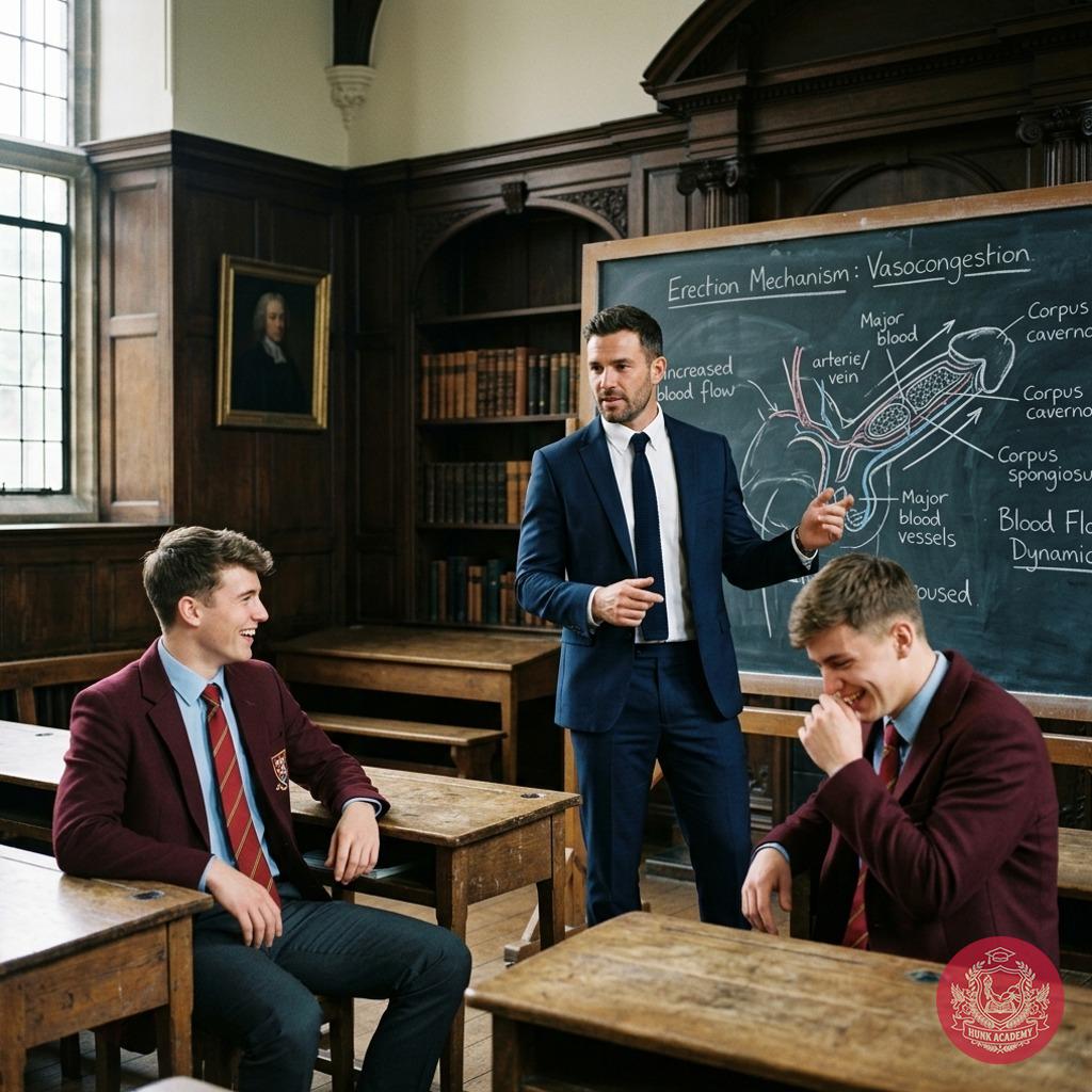 In the hallowed halls of the academy, two students share a laugh as the professor explains the mechanics of an erection. The...