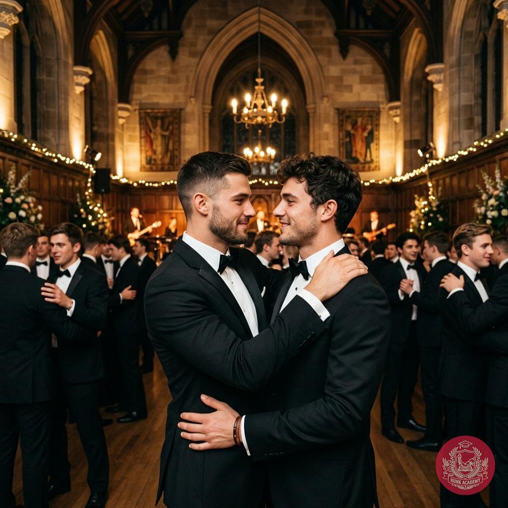 The grand hall hums as tailored jackets brush against starched collars, two bodies swaying in perfect sync beneath crystal...