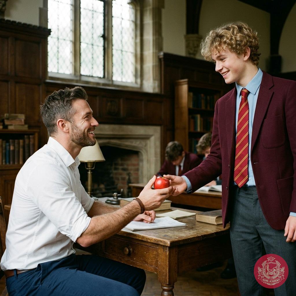 The scent of ambition lingers in the air as you present your offering—a ripe, crimson apple—to the distinguished professor....