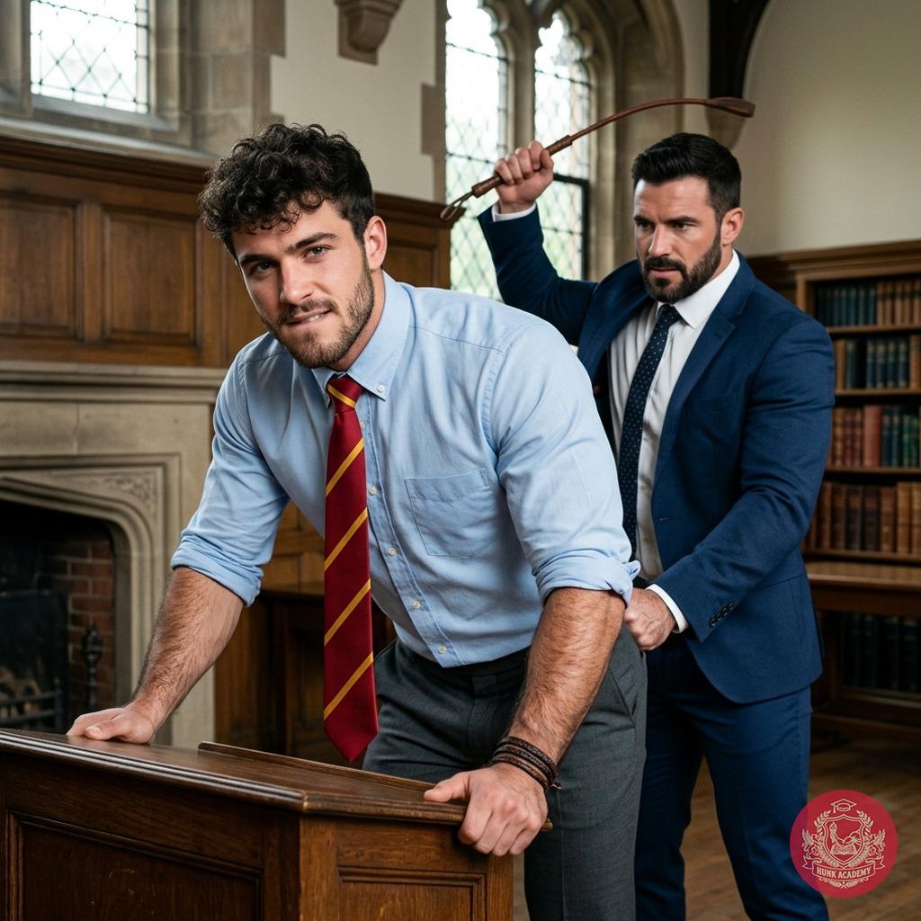 The stern professor bends him over his desk, the cane whistling through the air before landing with a sharp crack....
