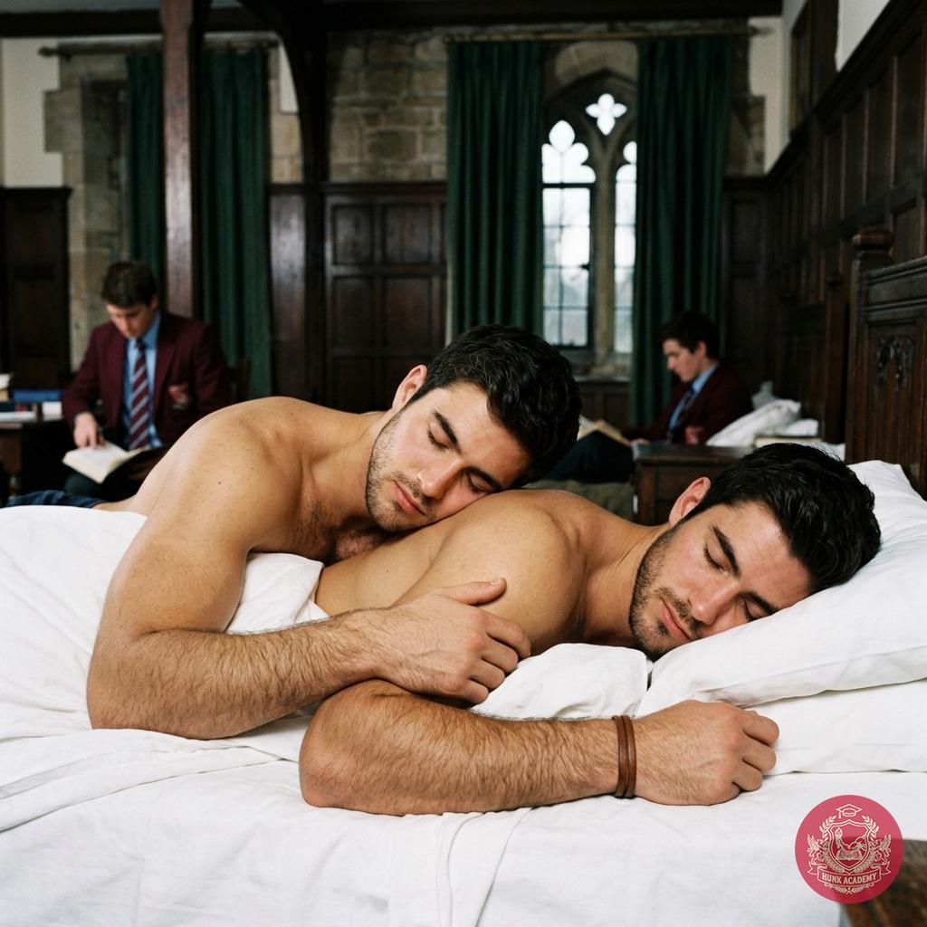 In the hallowed halls of an elite academy, two young men share a quiet moment, their bodies entwined in the golden glow of...
