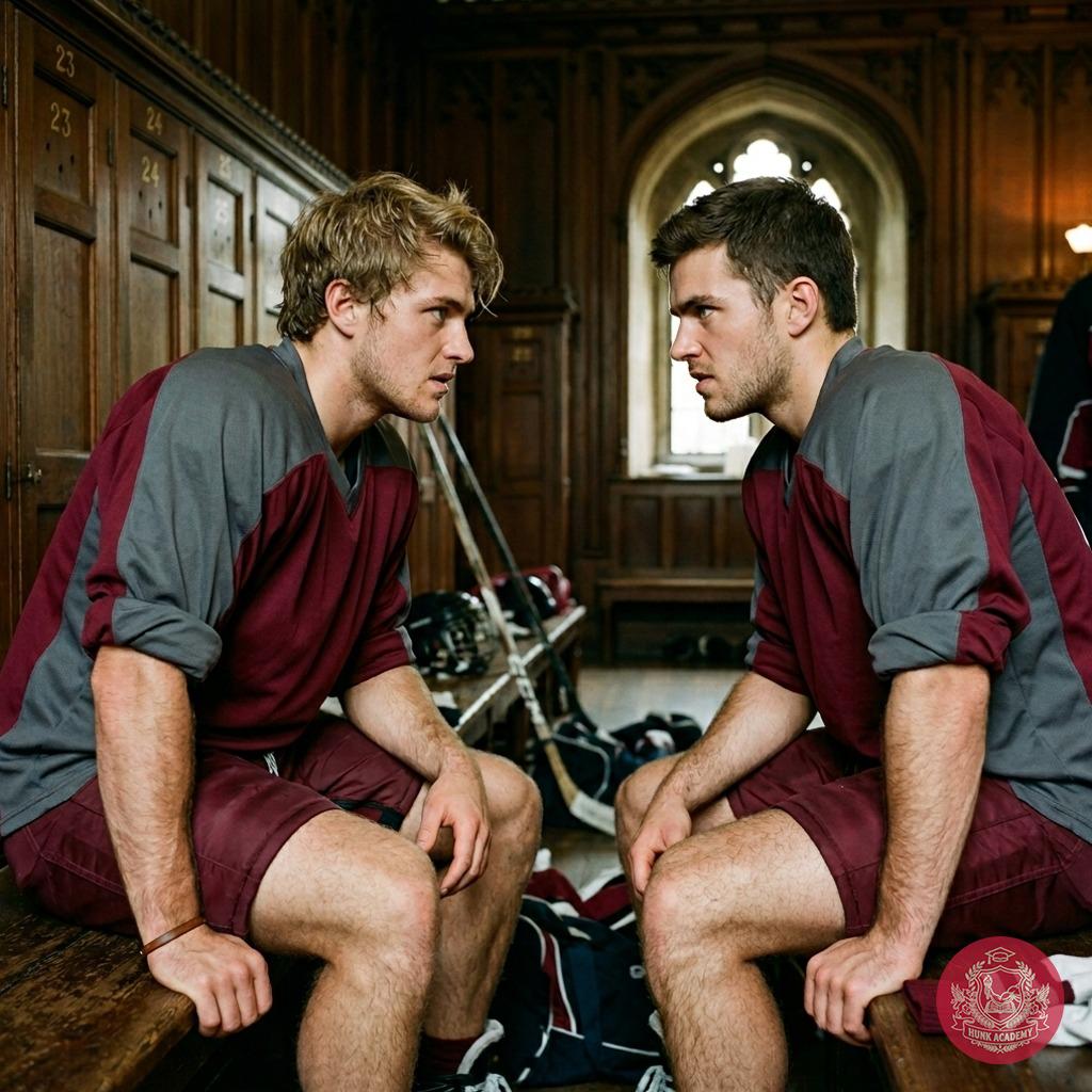 Two hockey players lock eyes in the locker room, tension thick in the air. The elite academy’s prestige only heightens the...