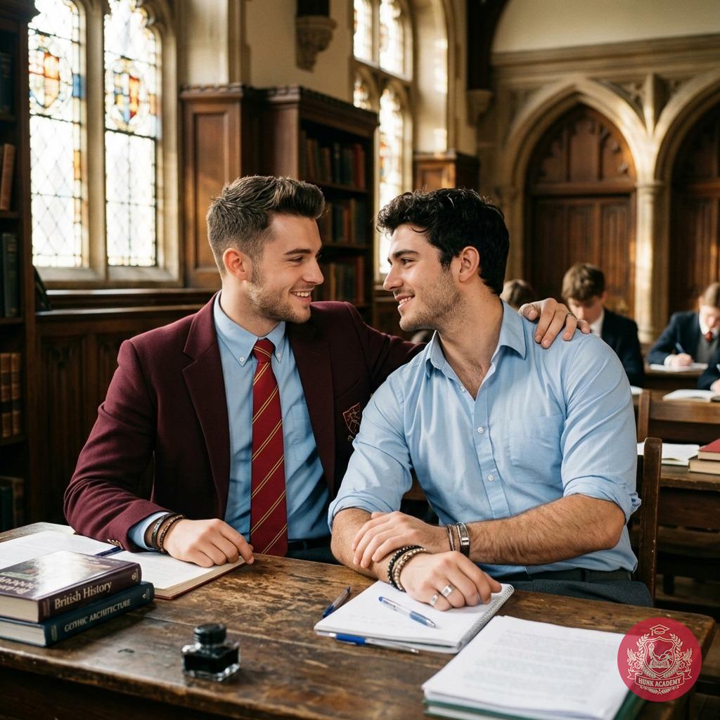 Two students sneak into the library after hours, their bodies pressed close in the dim light. One whispers, "Let me take...