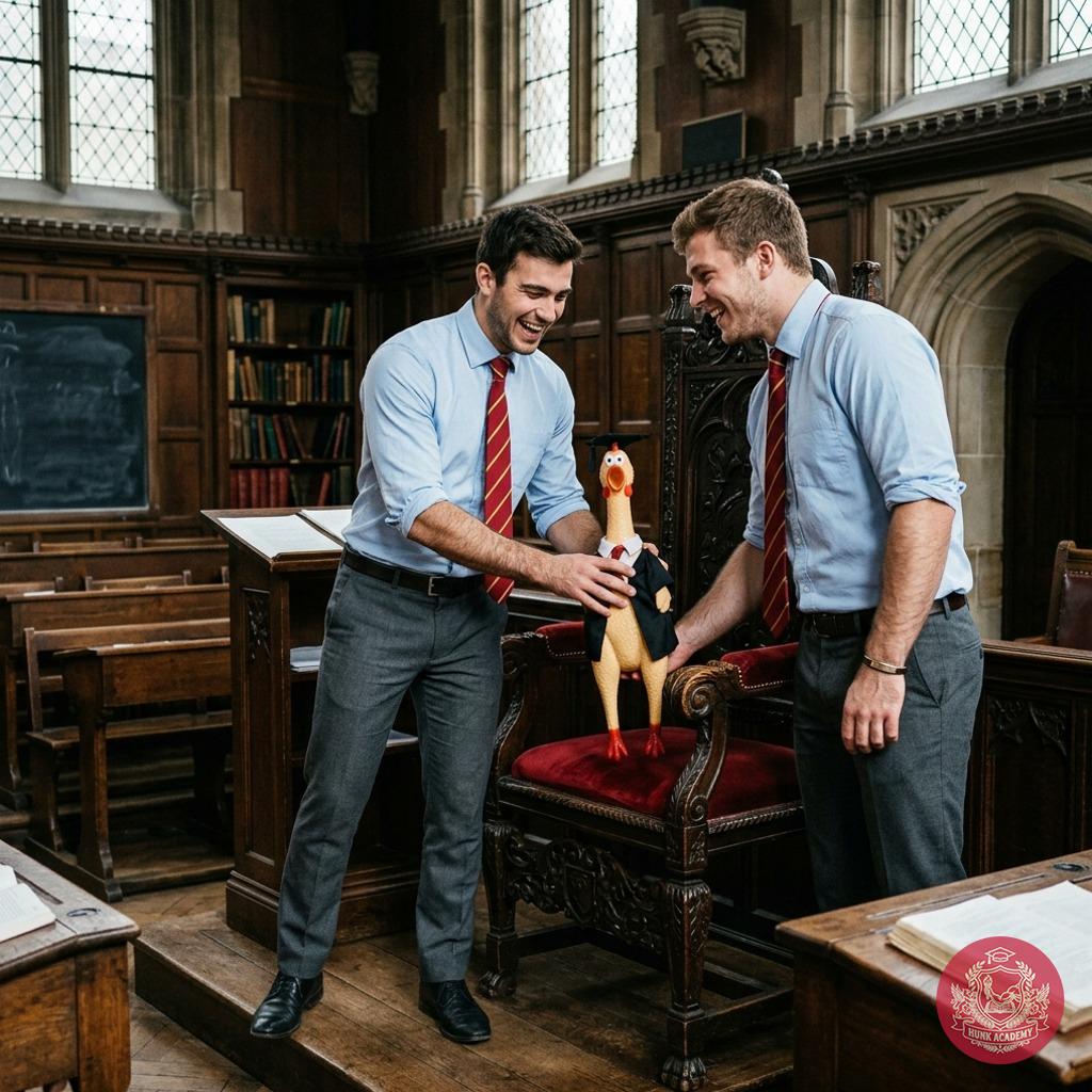 Two students sneak a rubber chicken onto the professor’s chair, setting the stage for a mischievous prank in the hallowed...