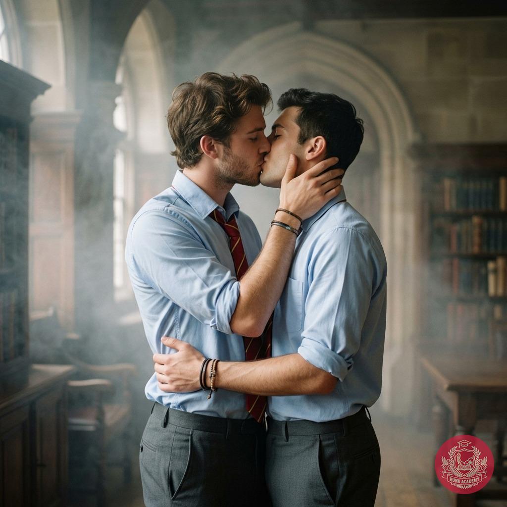 In the hallowed halls of St. Benedict's, where tradition meets desire, two scholars share a stolen moment—lips meeting in a...