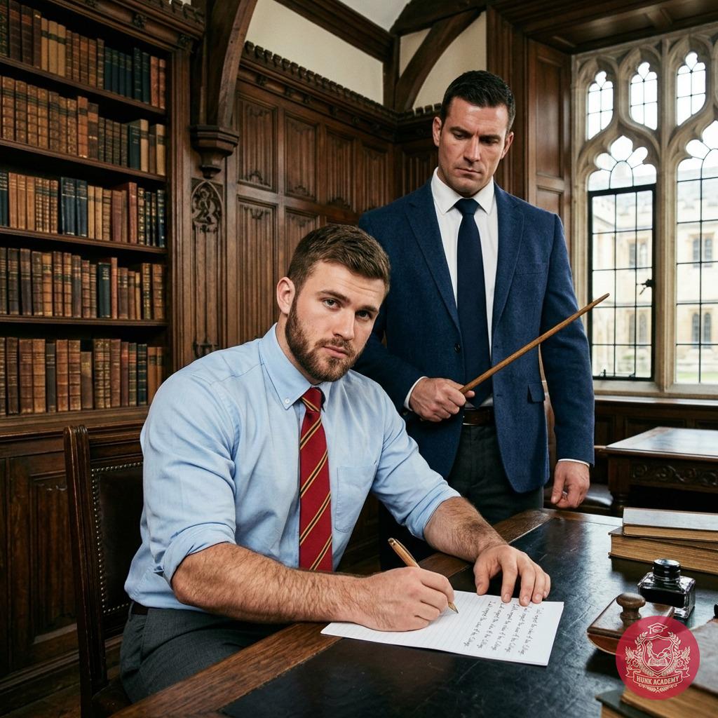 Professor’s orders: "I will respect the rules" written 50 times. Ink smudges his fingers, the scent of old paper and leather...